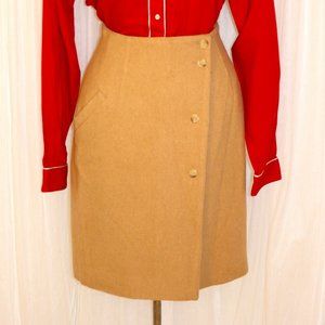 1990s Vintage Size S/M Paul Costelloe Designer Knee Length Camel Wrap Skirt